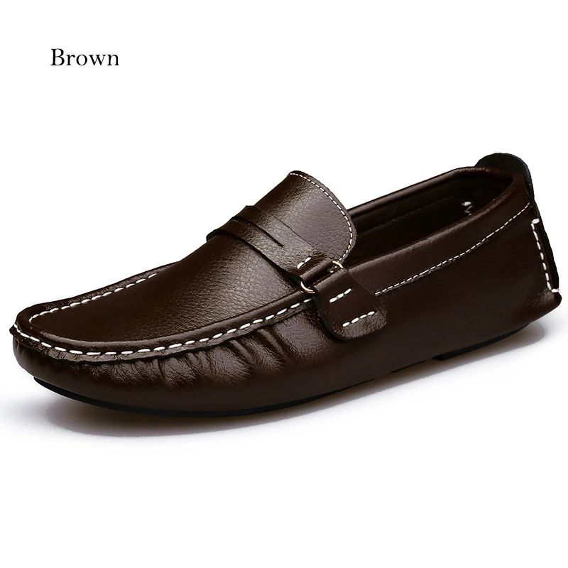 Brown ALCUBIEREE Fashion Mens Flats Penny Loafers Spilt Leather Driving Shoes Male Boat Shoes Smooth Solid Moccasins Big Size Shoes 48 - Color: Brown