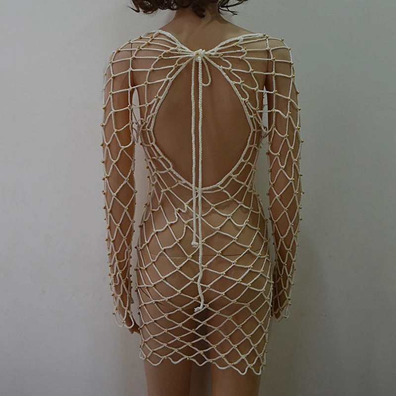 XiM & M @ ch новое хлопковое Сетчатое пляжное платье с круглым вырезом и длинными