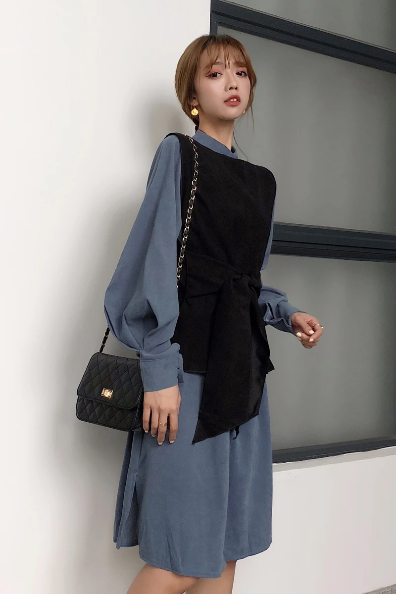 Сексуальное винтавечерние Платье женское синее Повседневное платье с галстуком