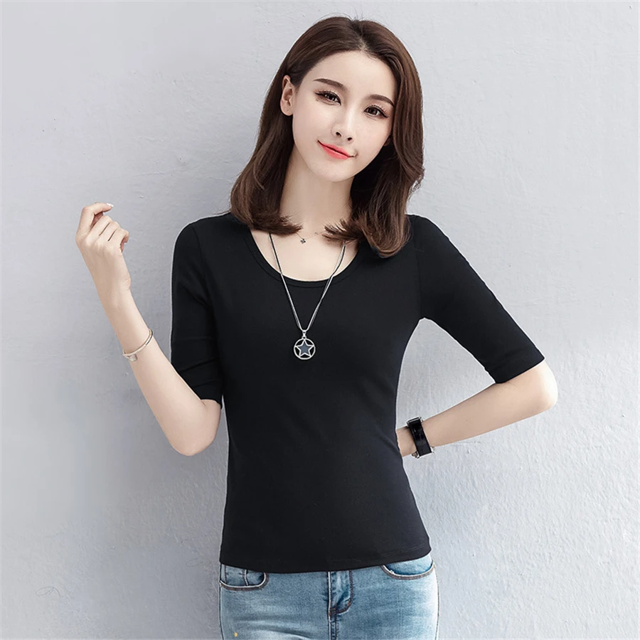 Half Sleeve Women T Shirt Cotton White Tee Femme Sexy Harajuku Streetwear Oversize Ladies Tshirt Top Elegant KC6G054 | Женская одежда