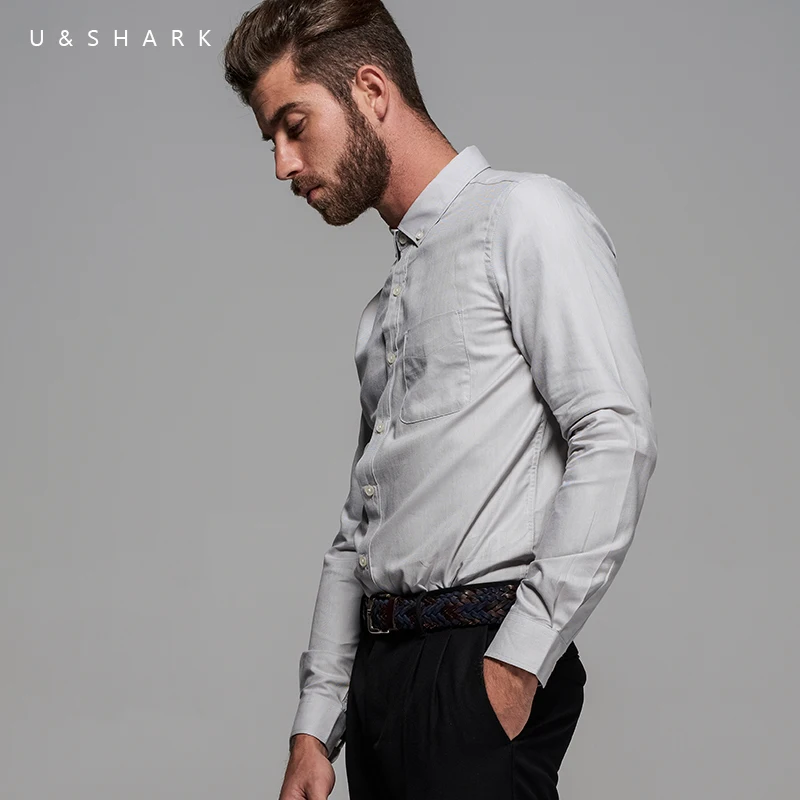 U &amp SHARK Весенние новые мужские рубашки 100% хлопок Оксфорд синяя Повседневная