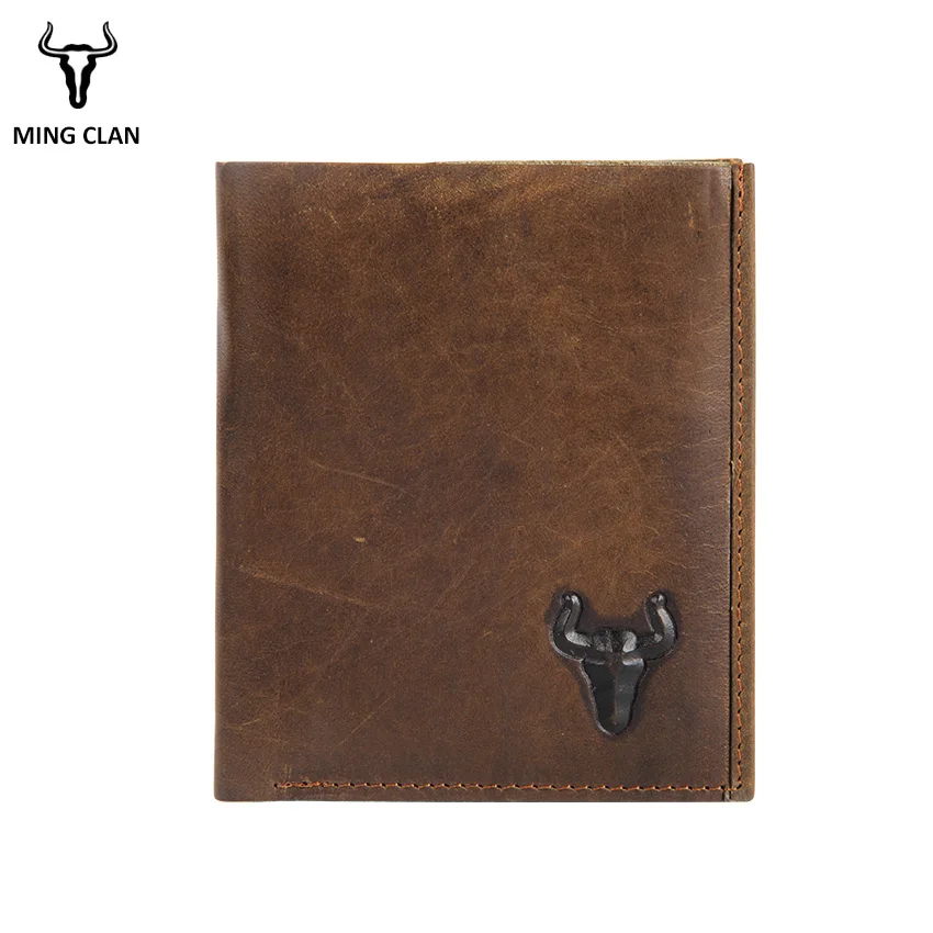 Mingclan Crazy Horse, Винтажный дизайн, натуральная воловья кожа, мужской короткий кошелек, кошелек, держатель для карт, портмоне, карман, мужские кошельки - Цвет: Dark brown