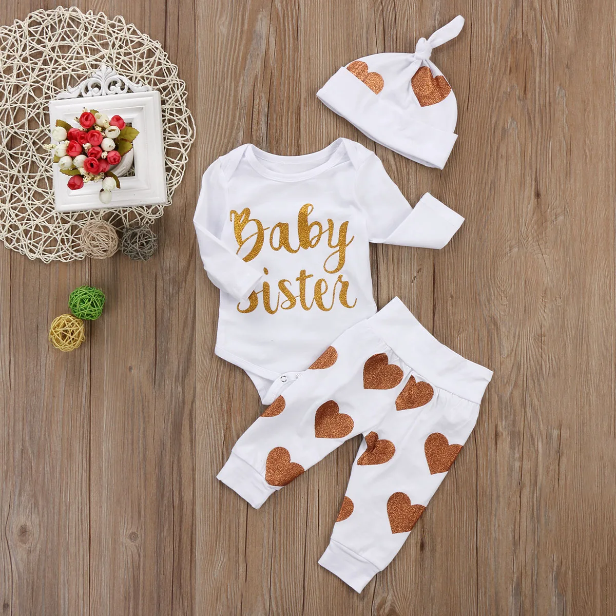 3PCS Newborn Toddler Baby Girl Clothes Autumn Warm Cute Sets Long Sleeve Sisters Romper Jumpsuit Bodysuit Pants Outfit Set | Мать и