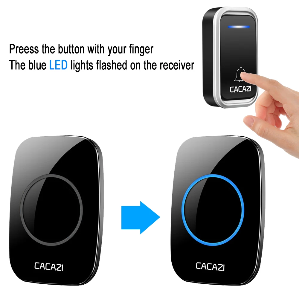 CACAZI Wireless Waterproof Doorbell Smart Remote 300M LED Intelligent Battery Button Calling Door Bell EU Plug 38 Chime 3 Volume |