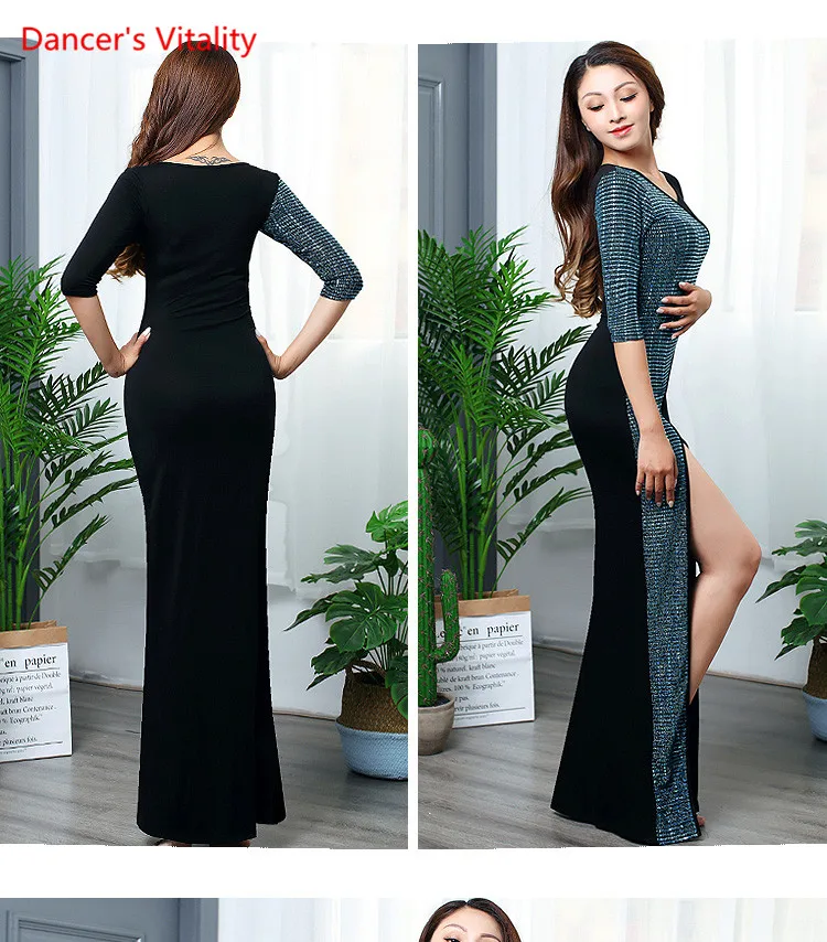 Женщины Производительность Длинное Платье Сплит One Piece Ча Блесток + Модальный