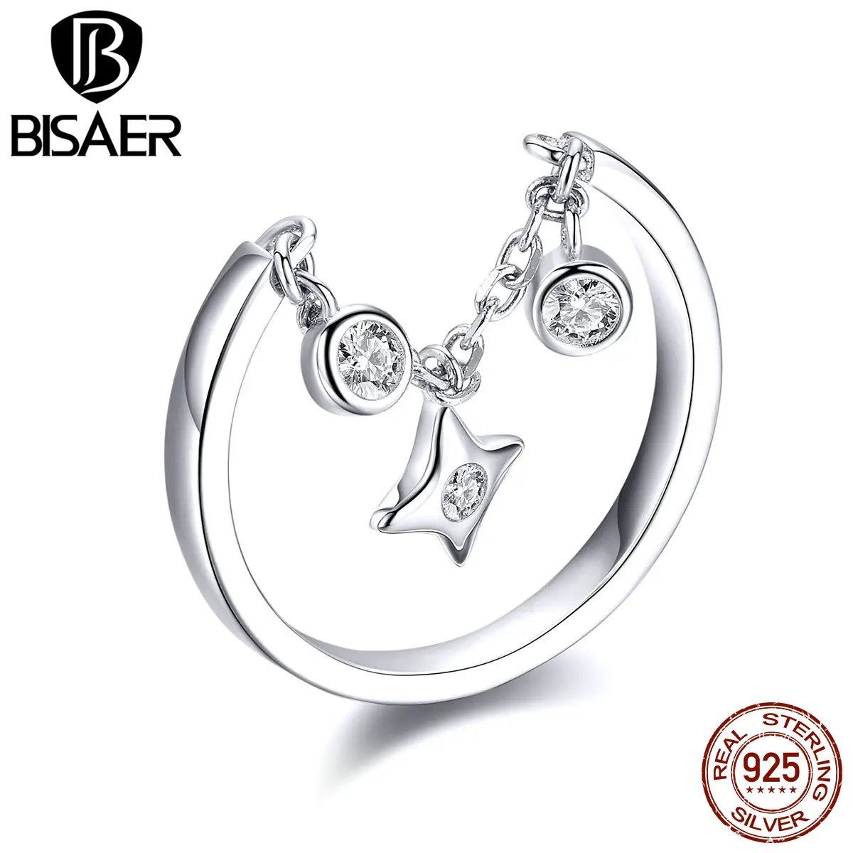 BISAER,, 925 пробы, серебряные кольца с сияющей звездой, женская подвеска на цепочке, кольцо на палец со звездой, корейское свадебное кольцо, ювелирное изделие ECR408