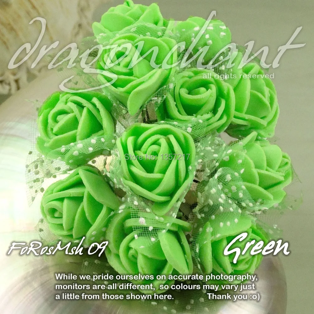 

New Size 2-2.5cm Head Solid Green Color Artificial Rose Foam Flower Bouquet With Organza For Wedding Decoration 144pcs/lot