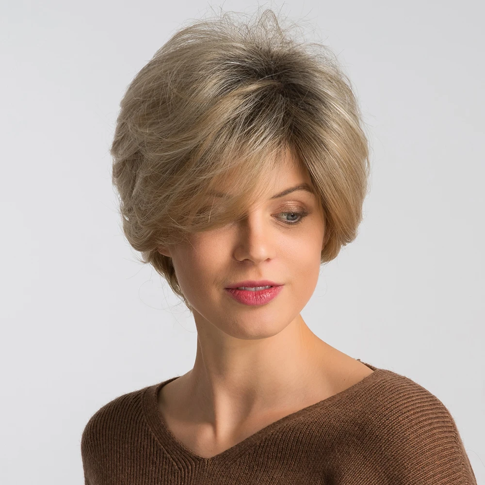 Blonde Unicorn 8 Inch Synthetic Pixie Cut Women Wigs with Natural Bang Fluffy Straight 50% Human Hair Light Brown Short Hair Wig