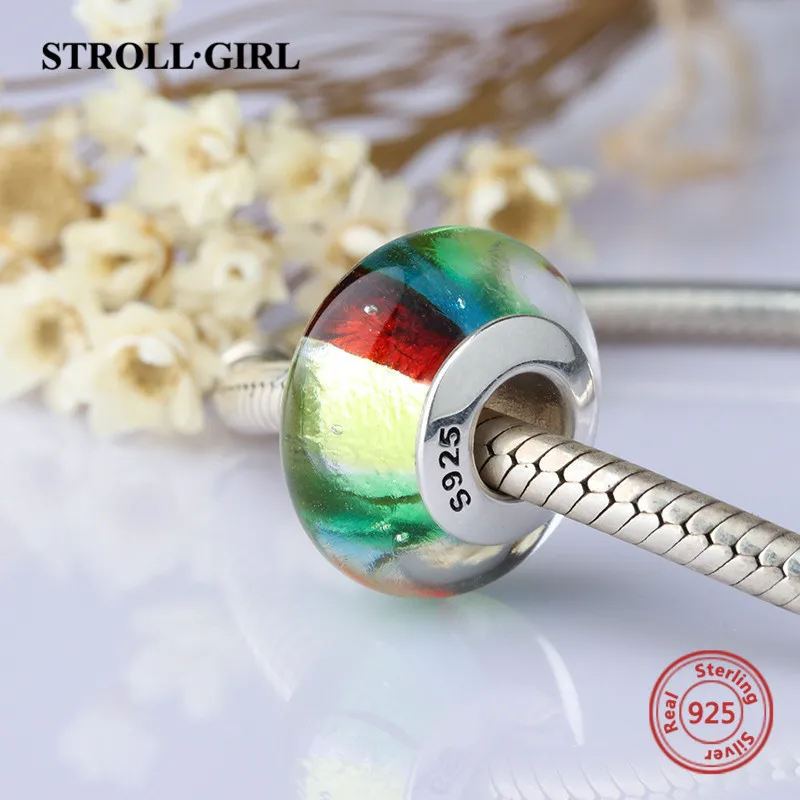 Strollgirl 925 сверкающий Серебряный цветок муранского стекла бусы Разноцветные DIY прелести Fit подлинным браслет Pandora Jewelry подарки