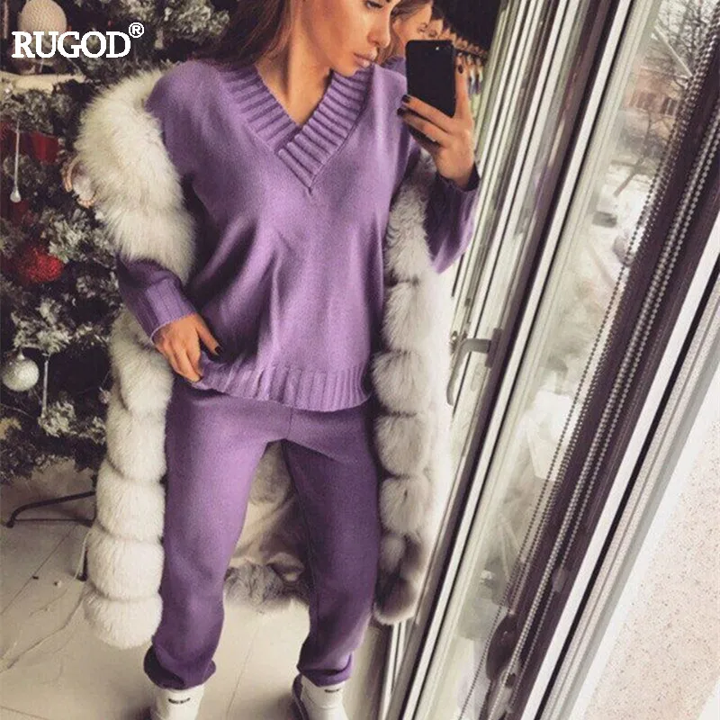 Rugod, женский костюм, сексуальный, v-образный вырез, длинный рукав, пуловер+ штаны, спортивный костюм, 2 предмета, набор, женский, однотонный, вязаный Топ и штаны, костюмы