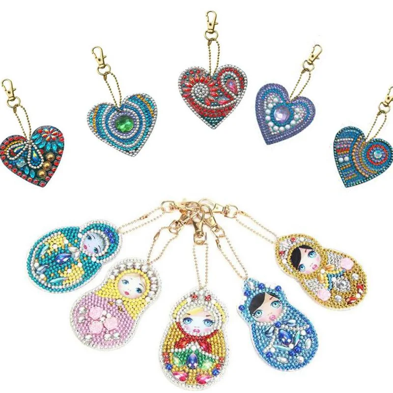 5 шт. Набор для изготовления брелоков с полным специальным формой алмазной таблицей, рисунком куклы сердце-картинка, мультяшным брелком Крестик, девушкой для сумки, ювелирным брелком.