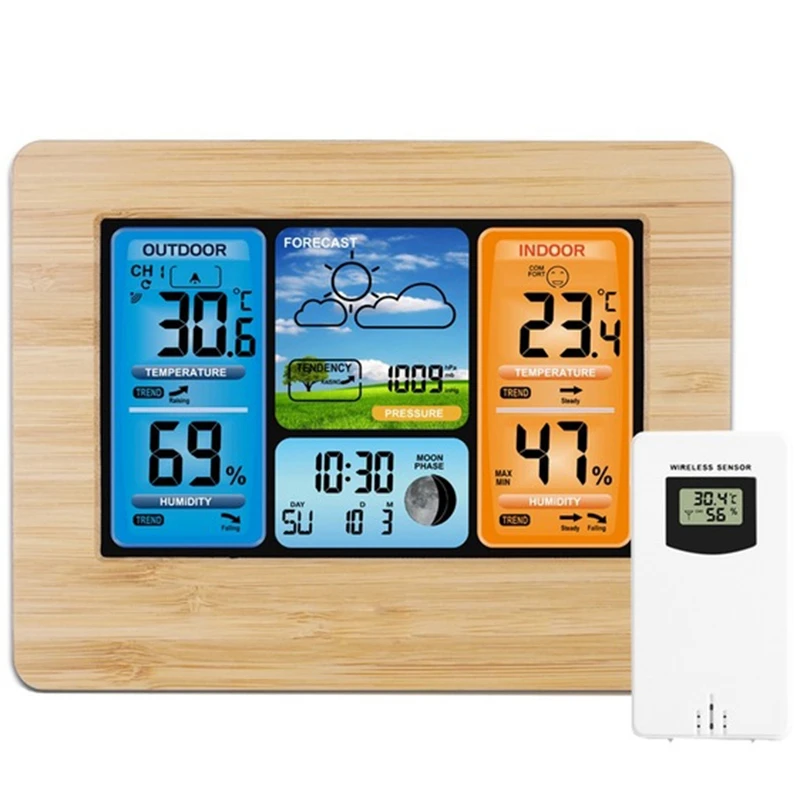 Wood Color Quality Digital Weather Station Thermometer Hygrometer Barometer Wireless And Sensor Lcd Monitor Weather Forecast Indoor Outdoor - Цвет: Wood Color