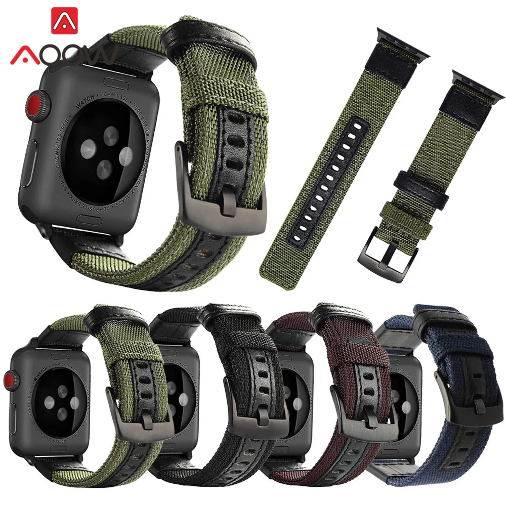 

Canvas Nylon Watchband for Apple Watch 38mm 40mm 42mm 44mm Genuine Leather Wrist Bracelet Band Strap for iWatch 1 2 3 4
