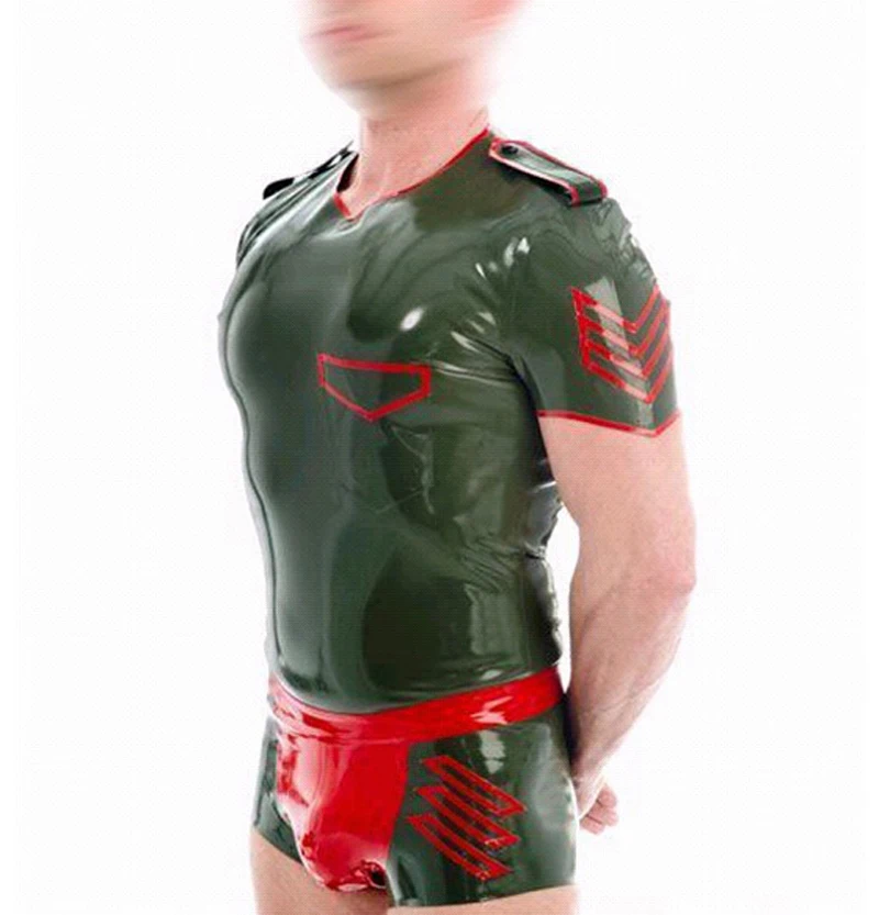 

Sexy rubber tight catsuit army green garment bodysuit latex top+panties for men plus size Hot sale Customize service