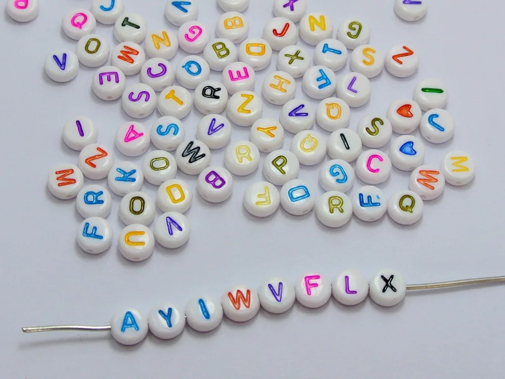 

250 Assorted Color in white Alphabet Letter Acrylic Coin Beads 4X7mm