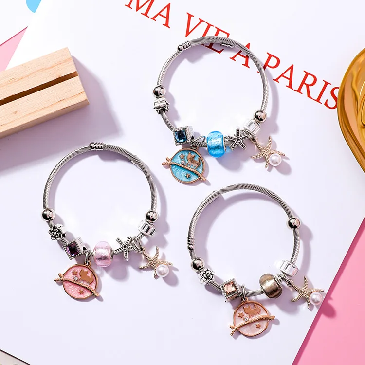 Japan Korea DIY Stainless Steel Adjustable Cat Starfish Pendant Bracelets Crystal Beads Bracelet Bangle for Women Jewelry Gift | Украшения