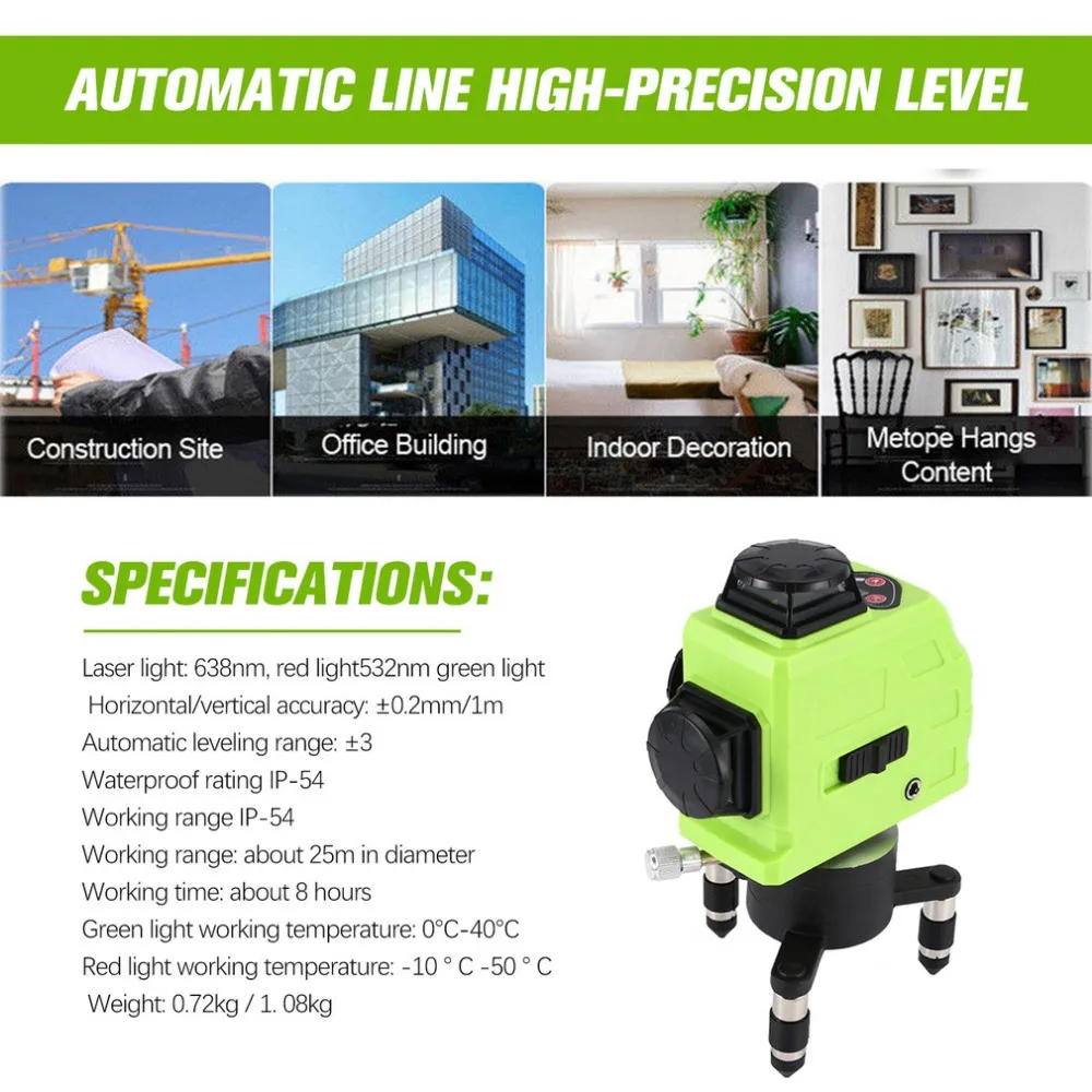 12-line green level 3D laser wall meter waterproof drop-proof dustproof automatic line high-precision | Инструменты