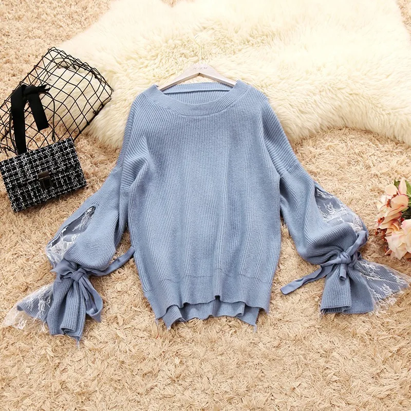 

Amolapha Woman Knit Solid Sweaters Lace Lantern Sleeve Casual Knitted Pullover Tops for Women