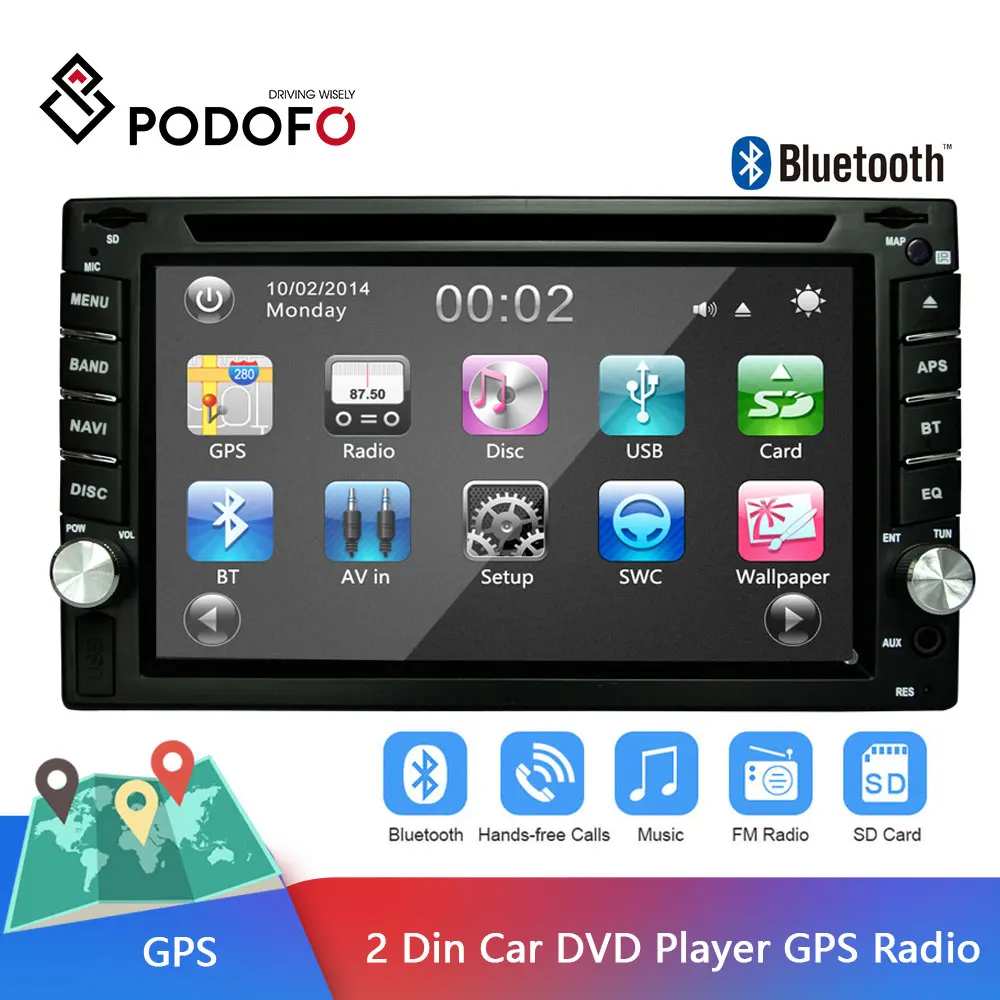 Podofo автомобильный dvd плеер gps радио Bluetooth 2 din FM/USB/SD мультимедийный сенсорный экран