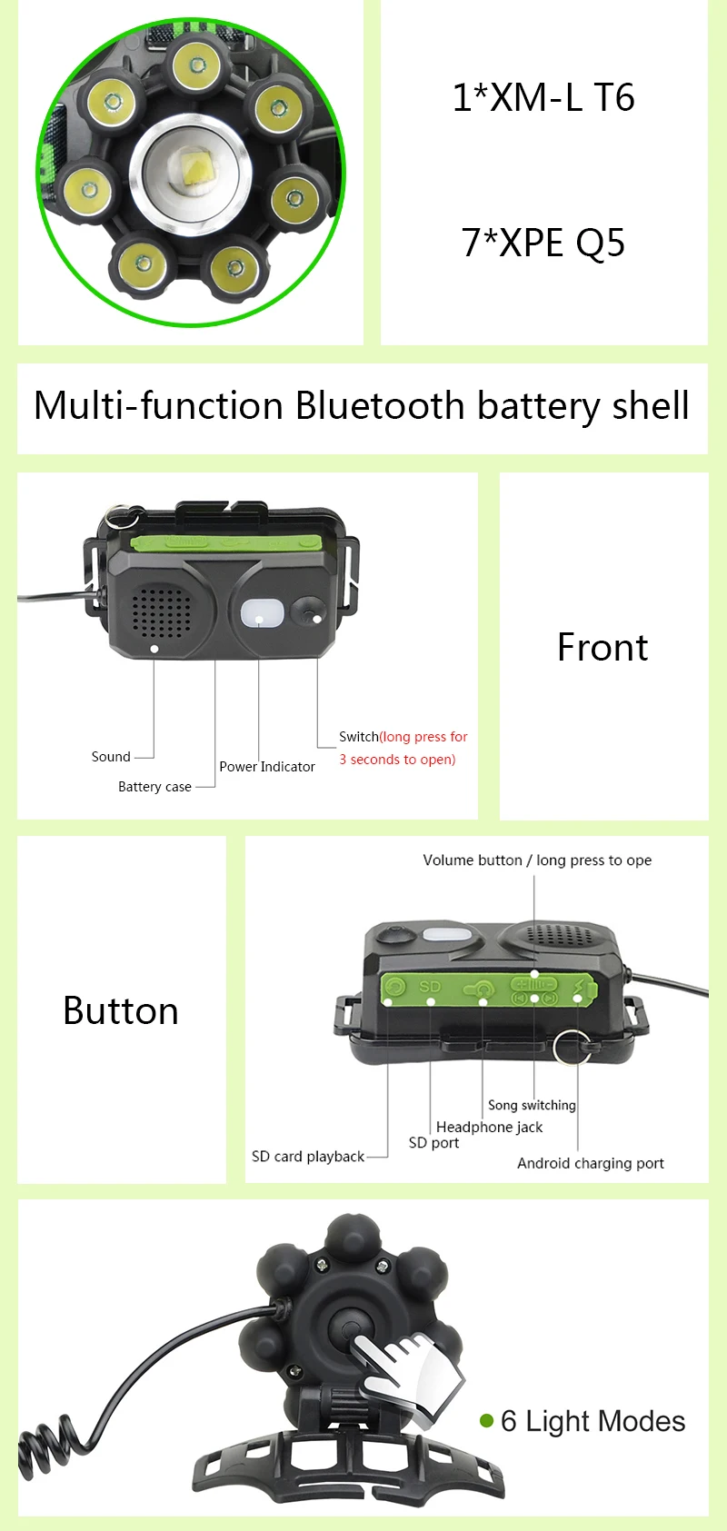 Litwod Z40T88 с музыкальным bluetooth-динамиком Мощный светодиодный налобный фонарь 30000lm xm-l t6 с батареей 18650