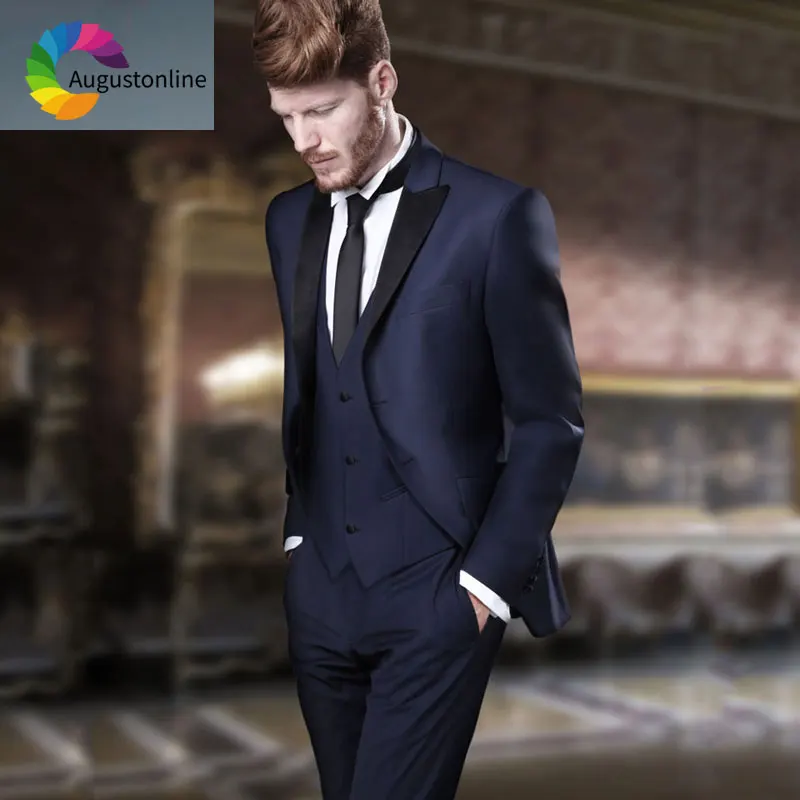 

Italian Navy Blue Men Suits for Wedding Black Peaked Lapel Slim Fit Groom Tuxedo Terno Masculino 3Piece Best Man Blazers Costume