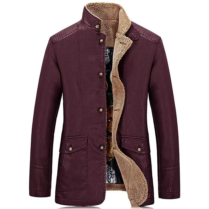

Autumn Winter Warm Fleece PU Leather Jacket Men Casual Trenchcoat Windbreaker OUTWEAR Coat Red Faux Fur Male Clothes Plus Size