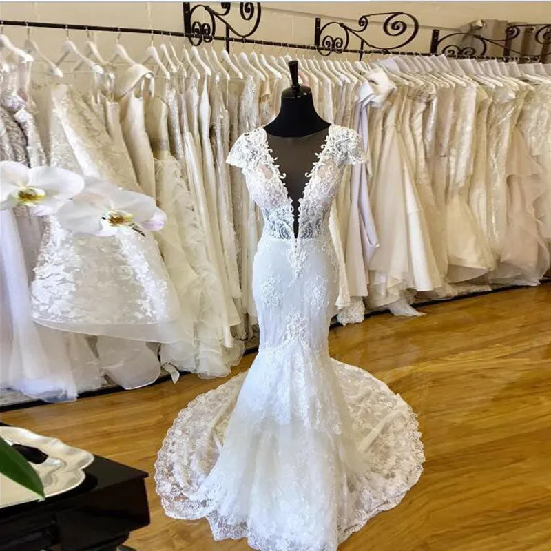 Фото Реальное изображение моды Vestido de noiva Короткие рукава Русалка Свадебные Реальное изображение моды Vestido de noiva Короткие рукава Русалка Свадебные
