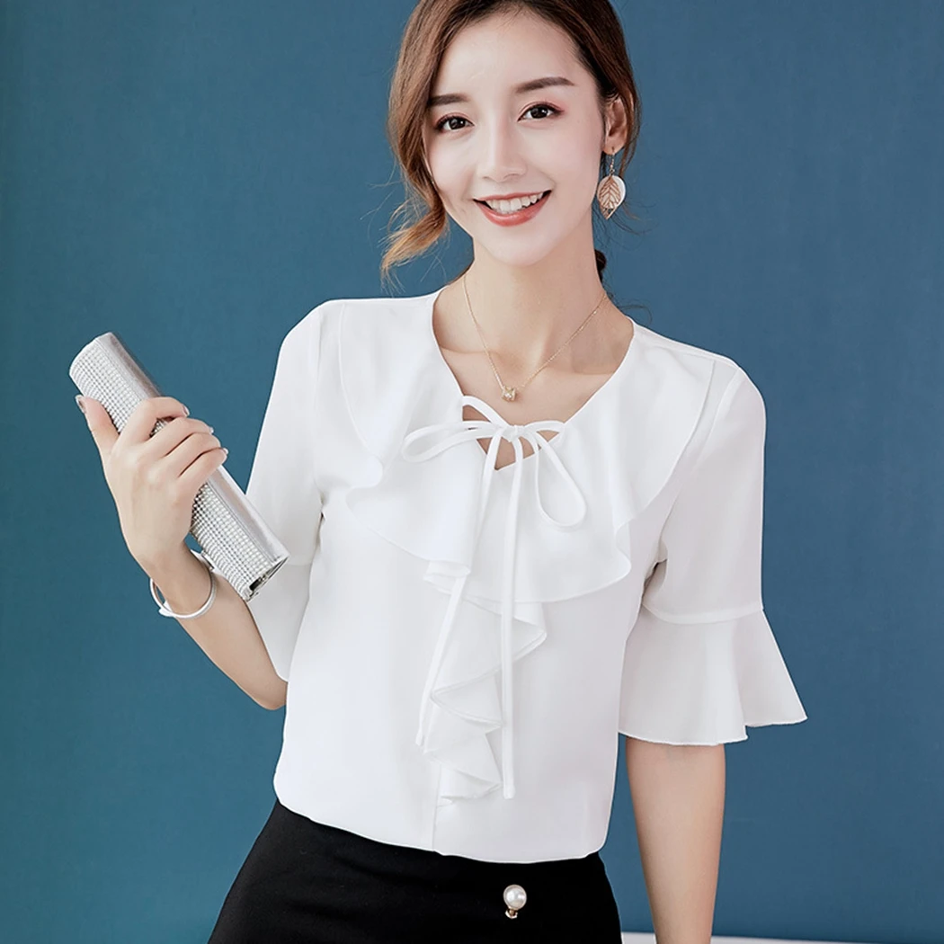 Женская шифоновая блузка с оборками и галстуком-бабочкой элегантная приталенная