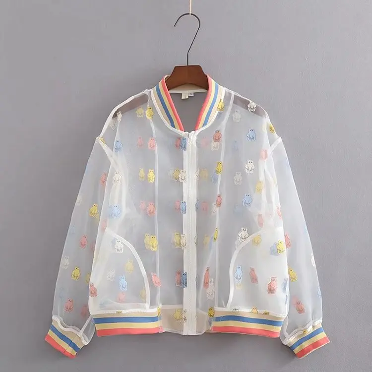 white Летняя мода мультфильм рисунок принт красочная Очаровательная молния женская тонкая куртка анти-клещи пальто сетка Новое милое пальто из органзы - Цвет: white
