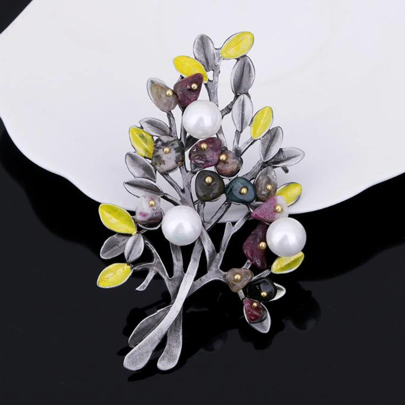

2017 Simulated Pearl Tree Brooches for Women Nature Stone Brooch Vintage Multicolor Leaves Broche Jewelry Scarves Buckle XZ154