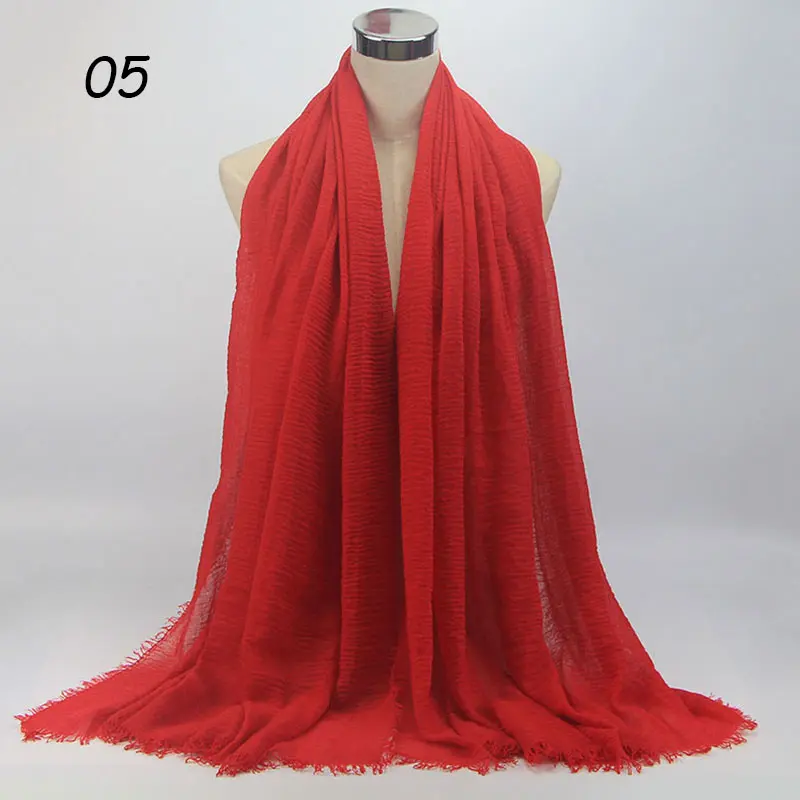 05 Big Red Scarf Sparsil Весенний хлопковый женский шарф Одноцветный мнущийся Ретро шарф с короткими кисточками 180 см Большие шали мусульманские женские хиджабы - Цвет: 05 Big Red Scarf