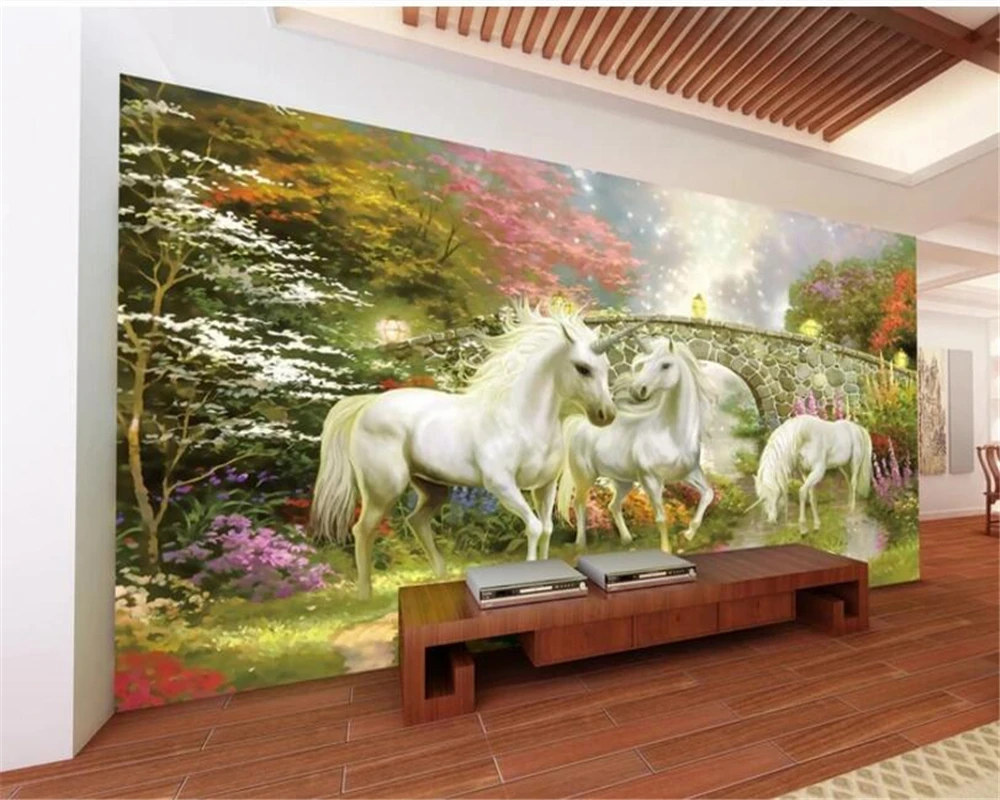 beibehang wall papers home decor Dream personality fashion silk cloth stereo 3d wallpaper fairyland unicorn TV background behang |