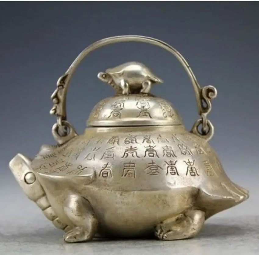 

Oriental Vintage Handwork Silver Copper Portable Tortoise Teapot