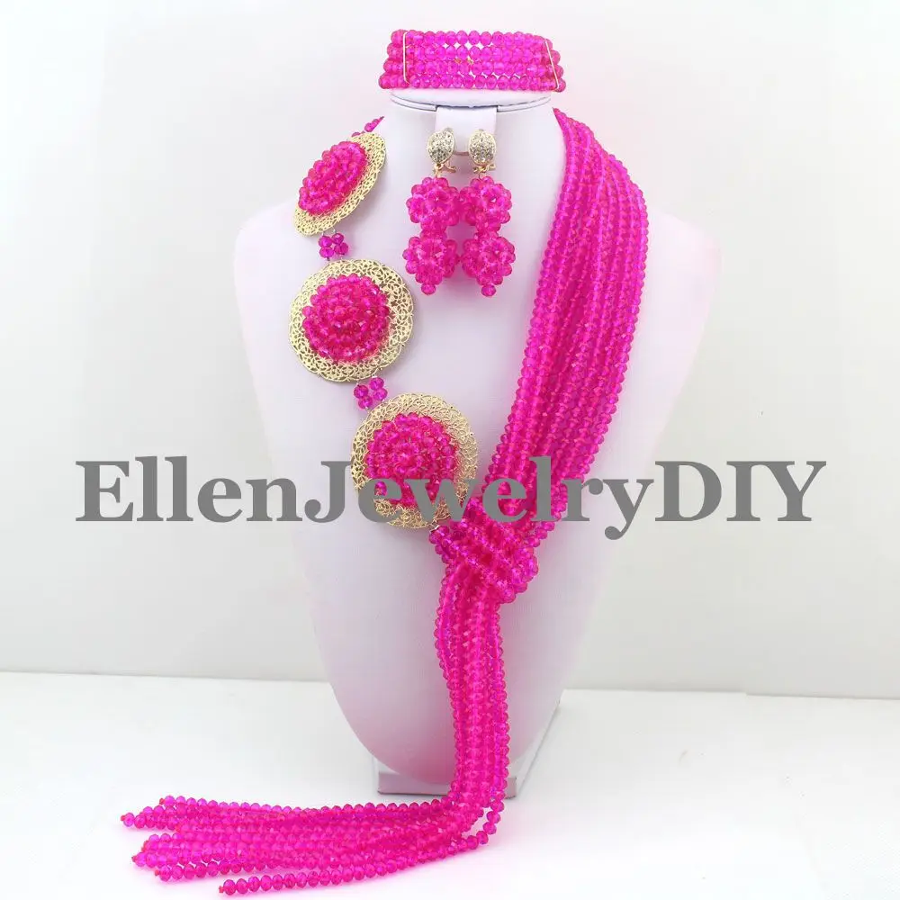 New Hot Pink African nigerian Wedding bridal beads Jewelry Set style Crystal beaded necklace women W10365 | Украшения и