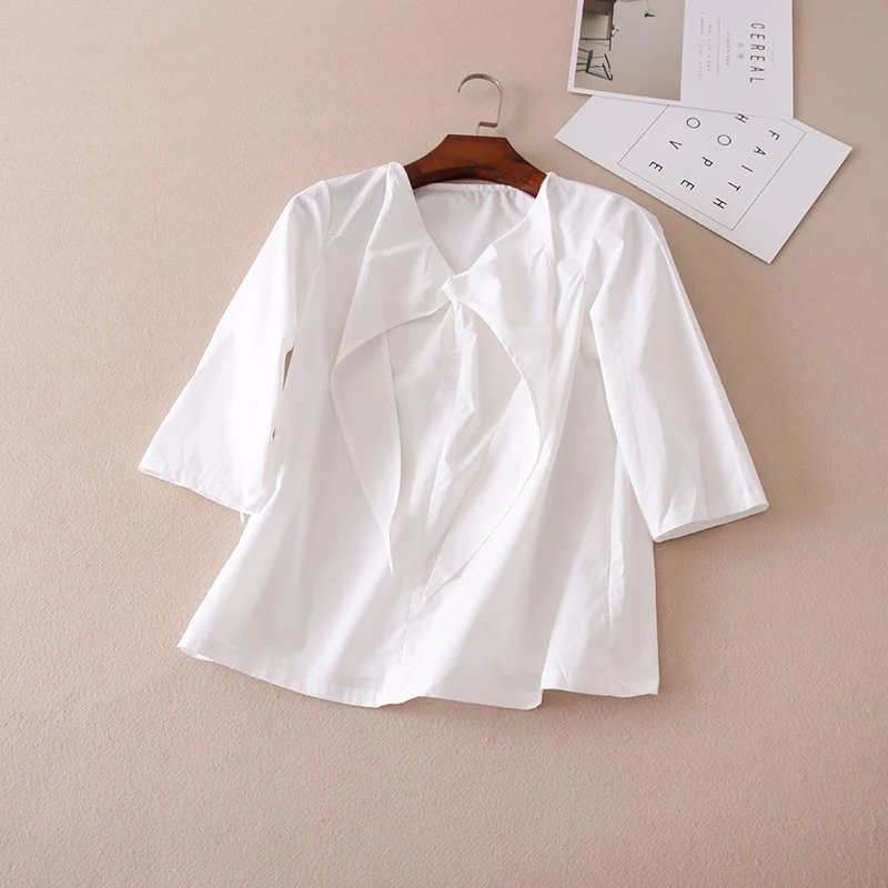 Элегантный полосатый бантом Лето рукавом хлопок белая рубашка женская S034M| |