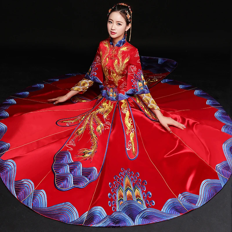 Китайский стиль невесты вышивка cheongsam Свадебная церемония платья костюм