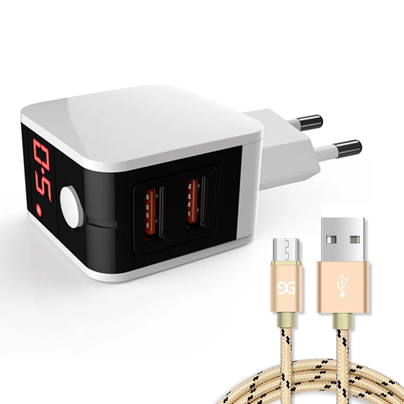 WhiteGold GUSGU Micro USB кабель для samsung Galaxy S7 Edge huawei Xiaomi со светодиодный дисплей адаптер зарядного устройства с двойным USB зарядное устройство EU порт - Цвет: WhiteGold