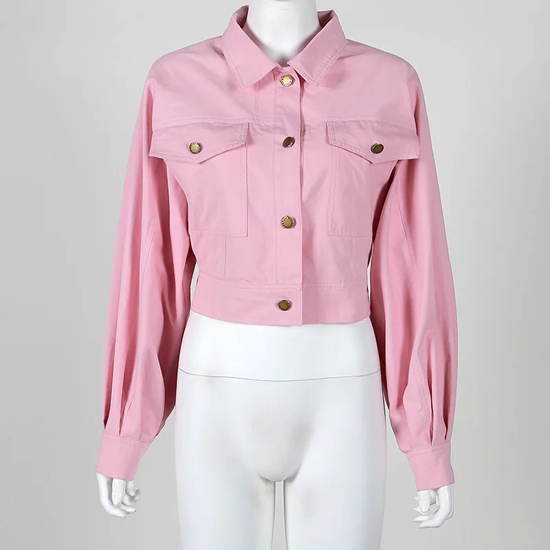 

Coats and Jackets Women Turn-down Collar Lantern Sleeve Jacket Famele Pink Single Breasted England Loose Ladies Crop Jacket
