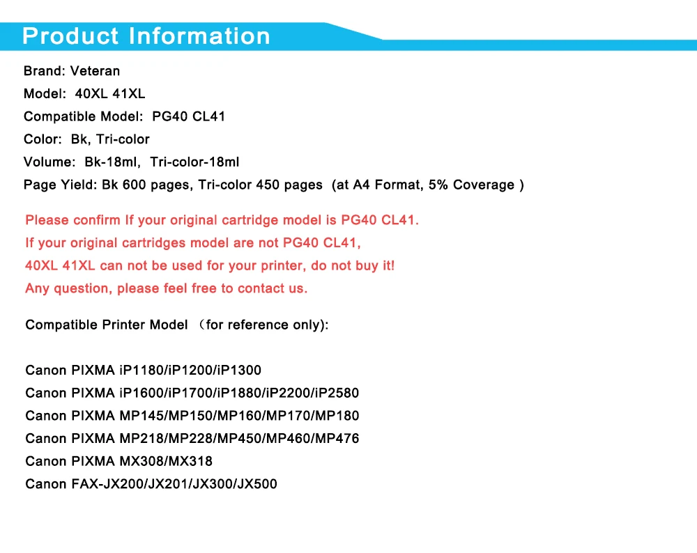 

40xl 41xl PG40 CL41 Ink Cartridge PG 40 CL 41 replace for Canon PIXMA iP1800 iP1200 iP1900 iP1600 MX300 MX310 MP160 MP140 MP150