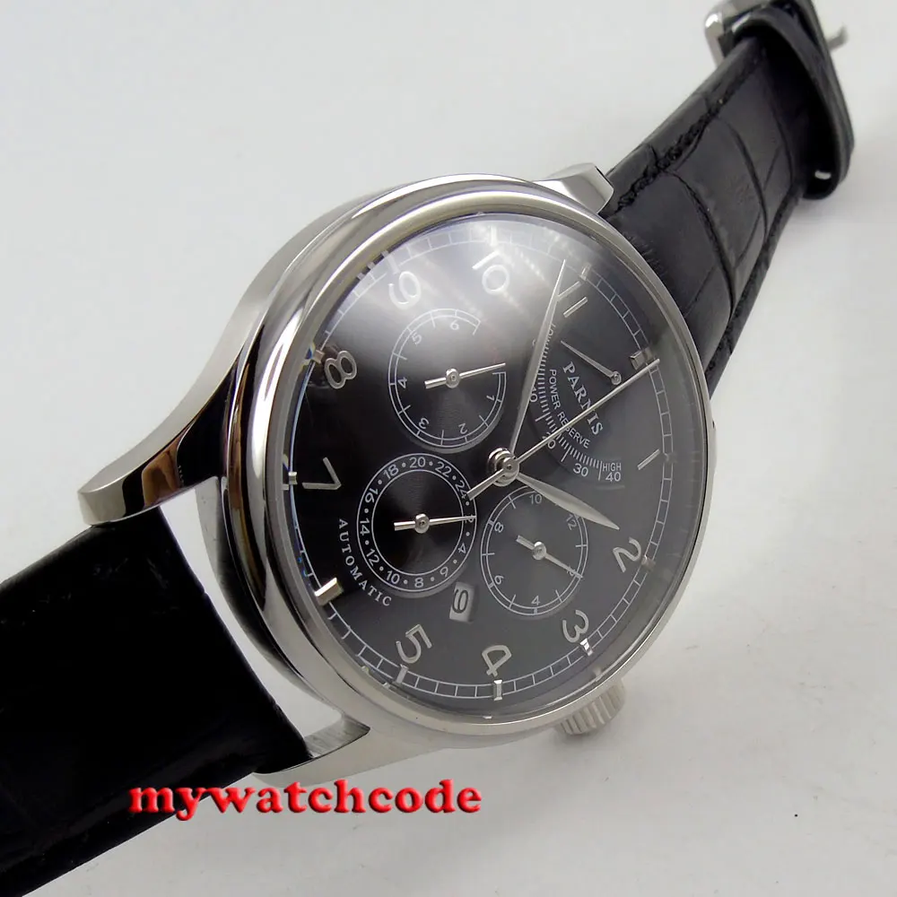 Мужские часы parnis автоматические с черным циферблатом и сапфировым стеклом 26