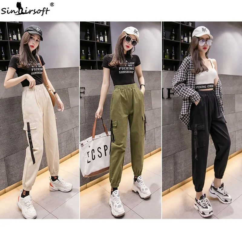 High Waist Cargo Pants Women Big Pockets Loose Streetwear Joggers 2019 Fashion Hip Hop Women's Trousers Green Black | Женская одежда