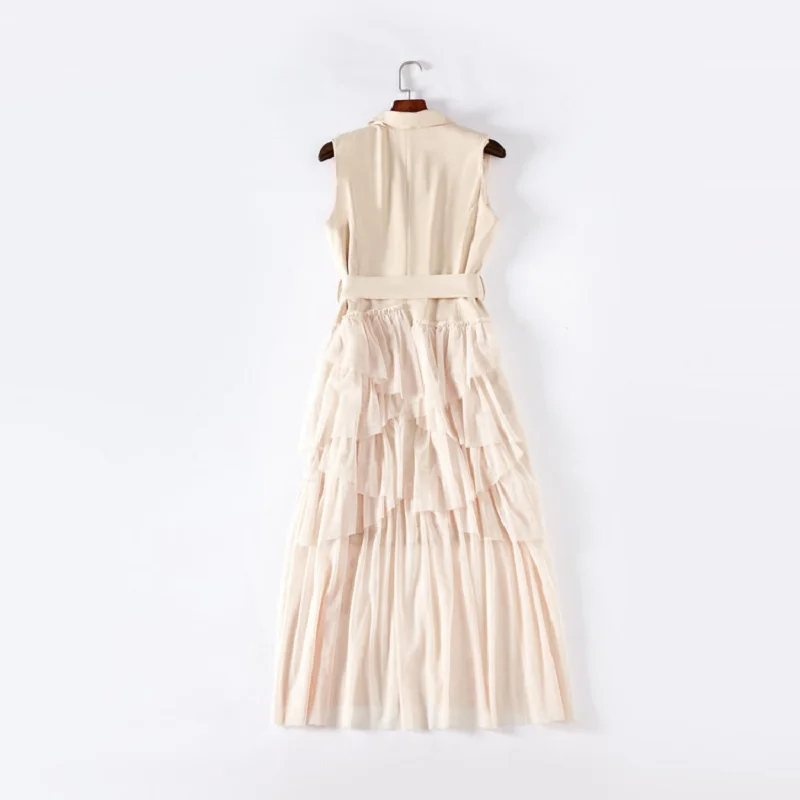 

High Quality Brand New Office Dress 2018 Autumn Women Notched Collar Sexy Sheer Mesh Patchwork Midi Sleeveless Blazer Dress OL