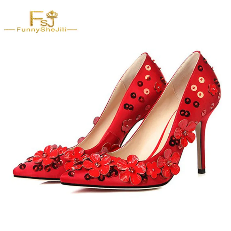 

FSJ Black and Red Floral Wedding Pumps Stiletto Heel Pointed Toe Slip on Ladies Banquet Bridal Formal Elegant Shoes 2022 Spring