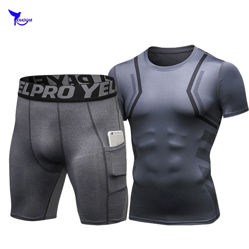 

Training T-shirt+Shorts Men's Running Sets with Pocket Compression Sports Suit Tracksuit Clothing Gym Fitness Jogging Sportswear