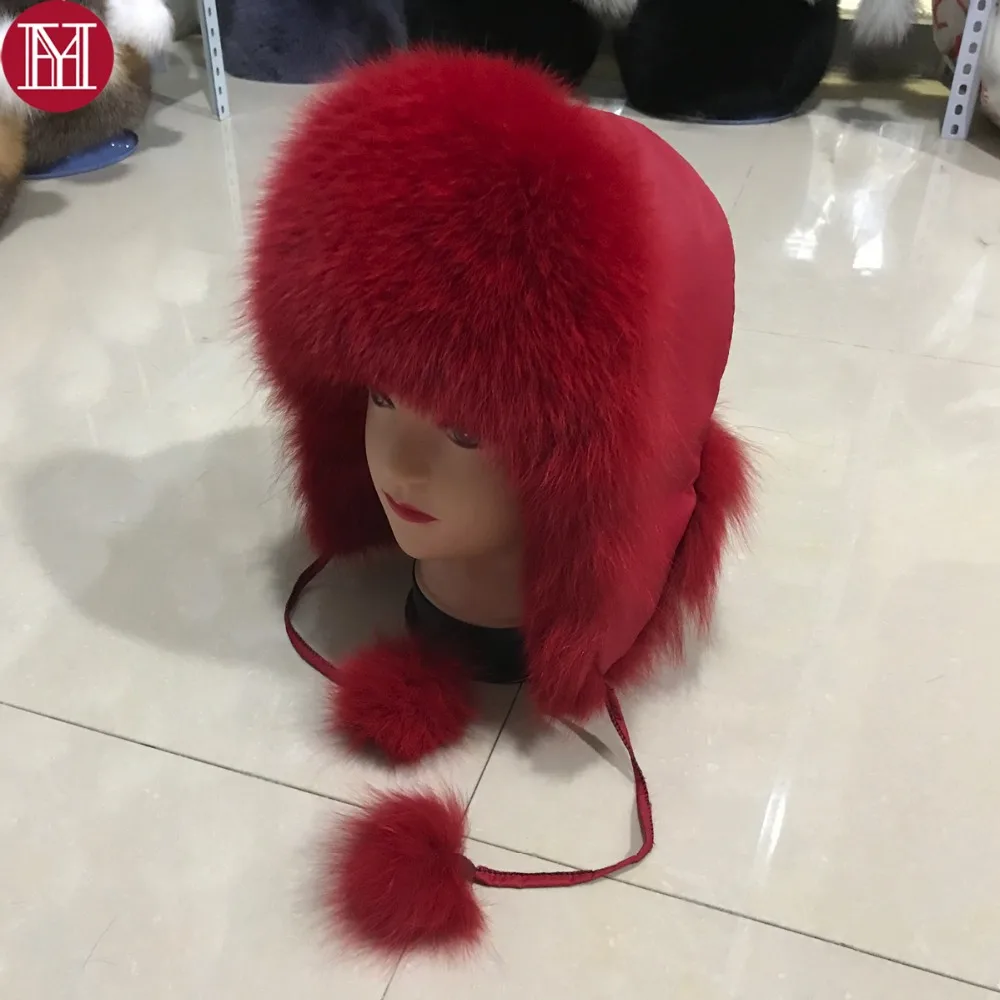 Русская женская шапка из 100% натурального Лисьего меха зимняя ушанка бомбер