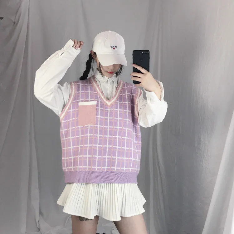 2018 Модные женские осенние майки новый милый свитер в Японскую клетку с V-образным