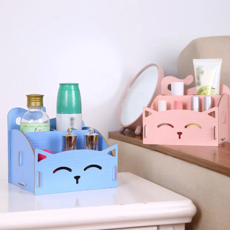 Ящик для хранения косметики Kawaii Cat Design деревянные настольные органайзеры