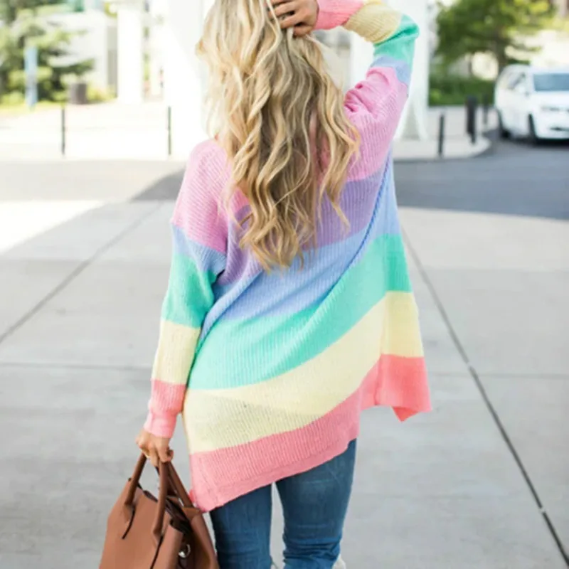Colour Rainbow Striped Knitted Cardigan Women For Autumn 2020 Winter Long Sleeve Tops Designer Sweater |