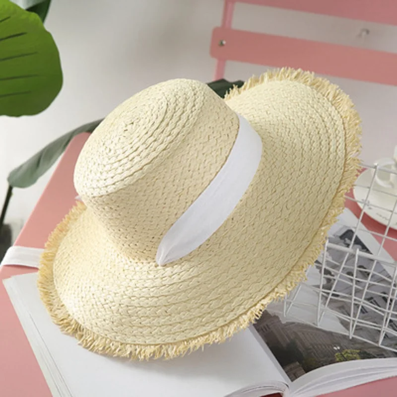 Шляпа женская Соломенная со шнуровкой и бантом Пляжная Складная шапка с широкой