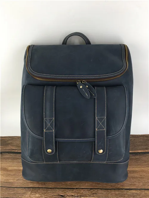 Blue Винтажный рюкзак crazy horse из натуральной кожи, мужской рюкзак из коровьей кожи для отдыха и путешествий, 15 дюймов, рюкзак для ноутбука из воловьей кожи - Цвет: Blue
